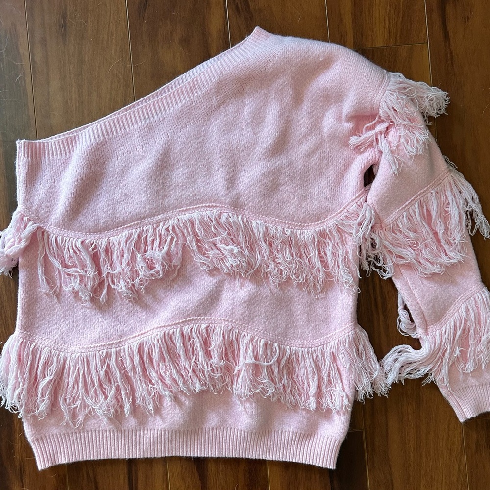 Peach Love California Off-the-Shoulder Pink Fringe Sweater